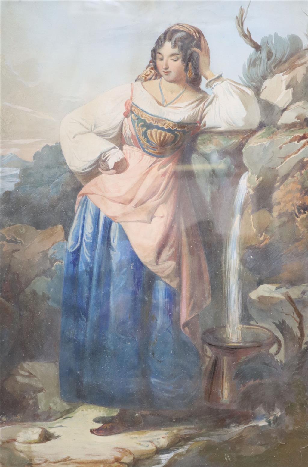 Mid 19th century English School, gouache and watercolour, Study of an Italian peasant girl beside a spring, 37 x 26cm